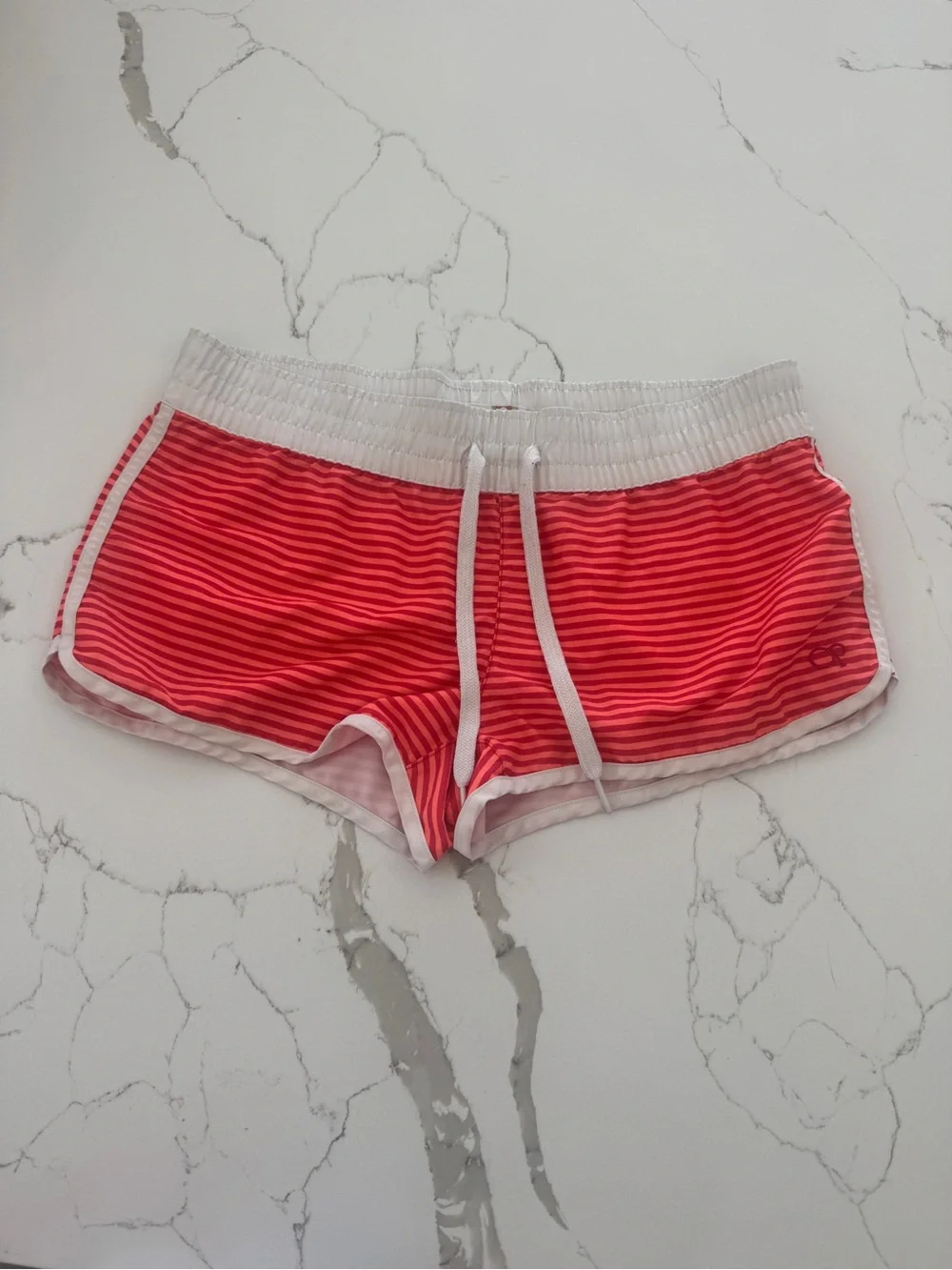 Y2K OP orange striped swim surf mini shorts with drawstring- small